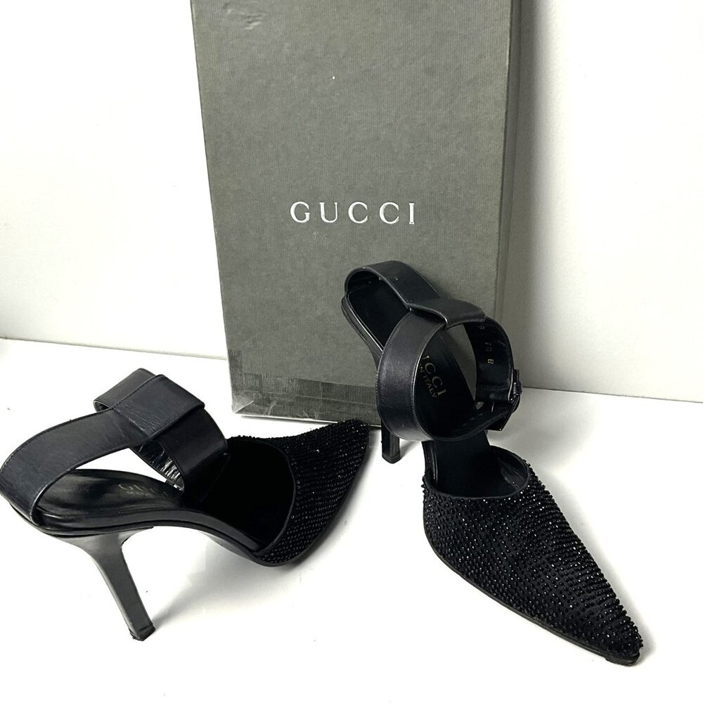 Vintage GUCCI Black Crystal Embellished Pointed Toe Ankle Strap Heels US7.5